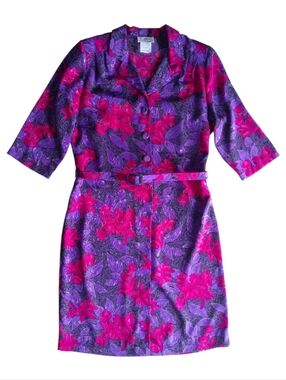 Vintage Dress Floral  D’Allairds Purple Pink Midi Shirtdress  Collared Size 12